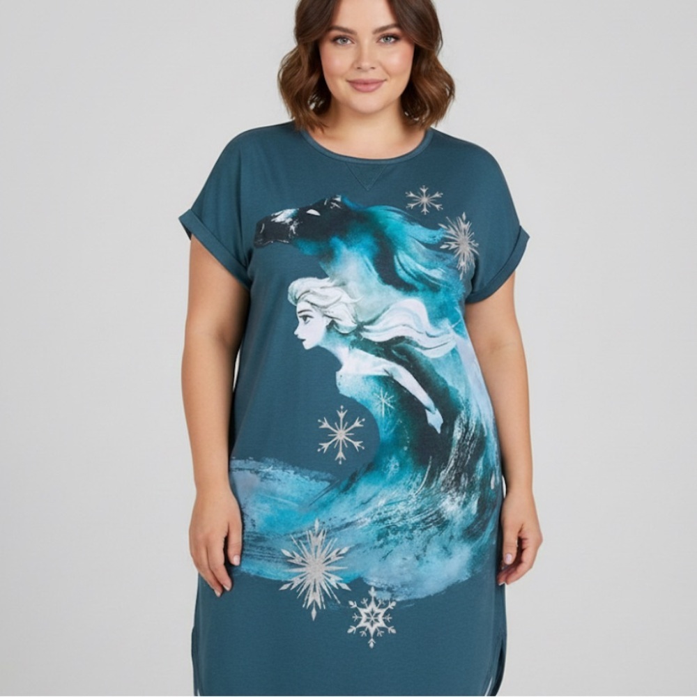 Disney Frozen Elsa Nightshirt 3XL Teal Blue Short Sleeve Sleep Shirt Snowflake